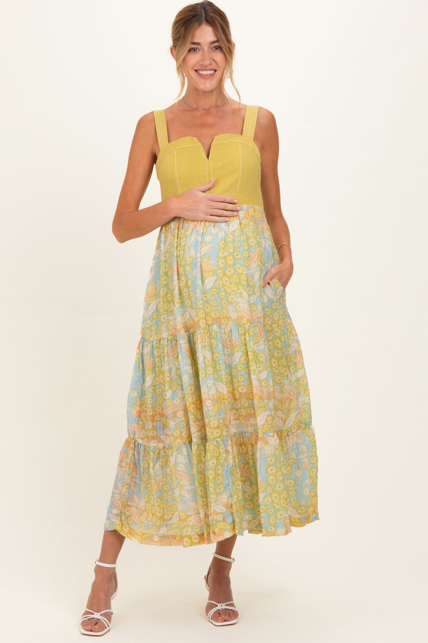 Lime Colorblock Floral Tiered Maternity Midi Dress