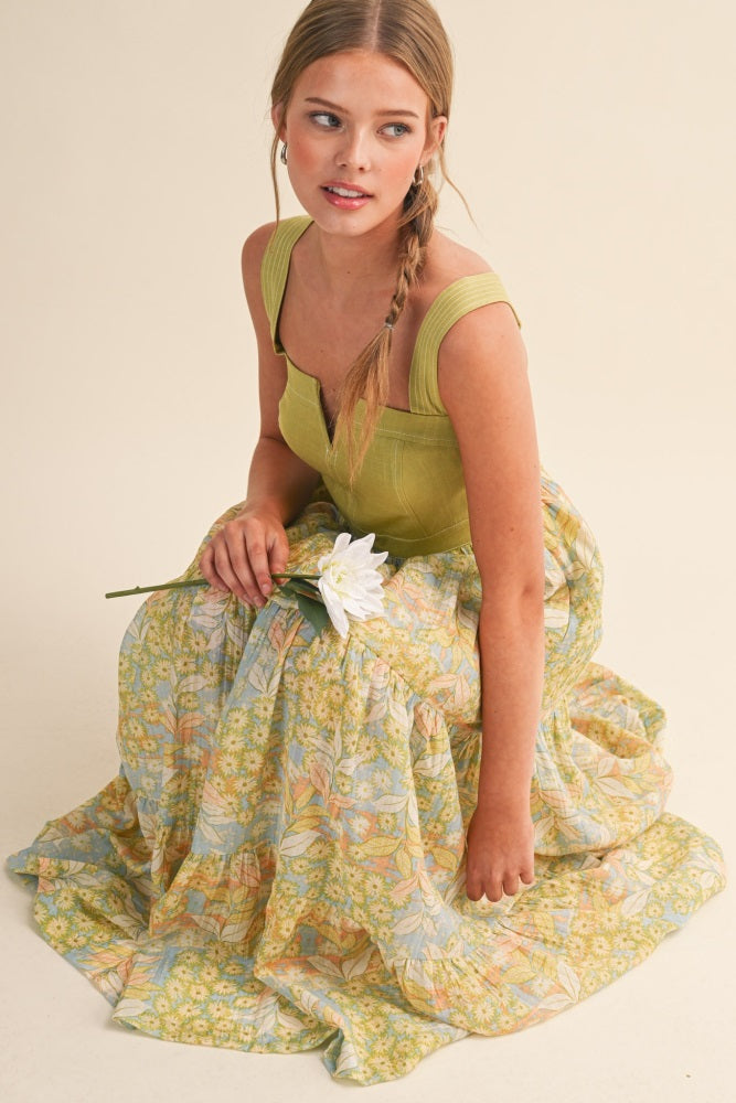 Lime Colorblock Floral Tiered Midi Dress