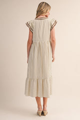 Cocoa Striped Flutter Sleeve Midi Dress
