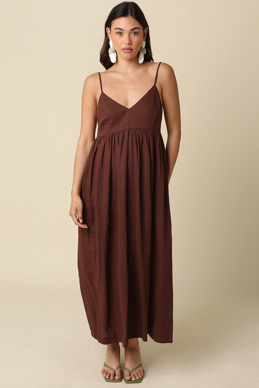 Brown Linen Blend Sleeveless Maxi Dress