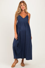 Navy Linen Blend Sleeveless Maternity Maxi Dress
