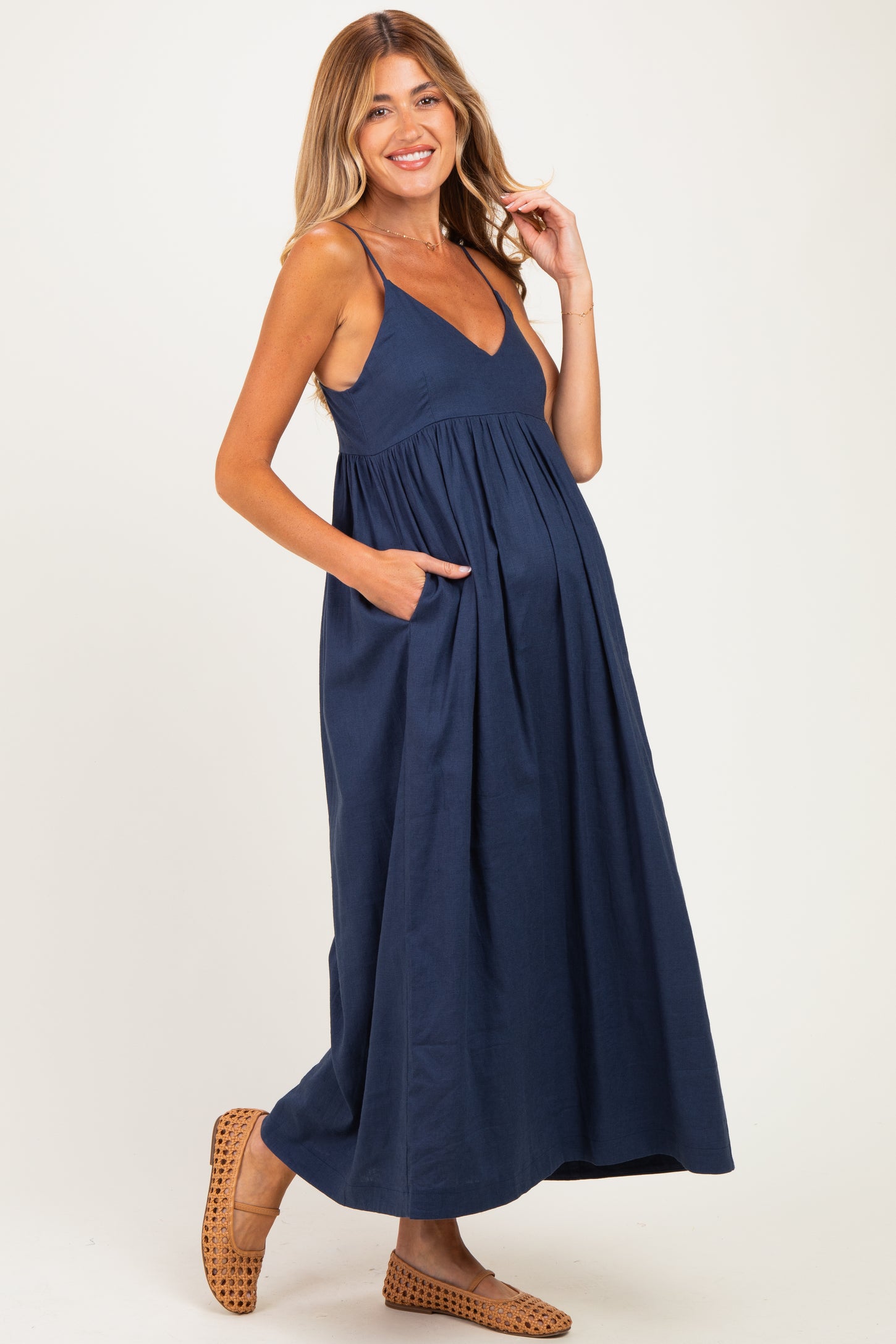 Navy Linen Blend Sleeveless Maternity Maxi Dress