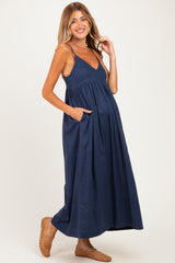 Navy Linen Blend Sleeveless Maternity Maxi Dress