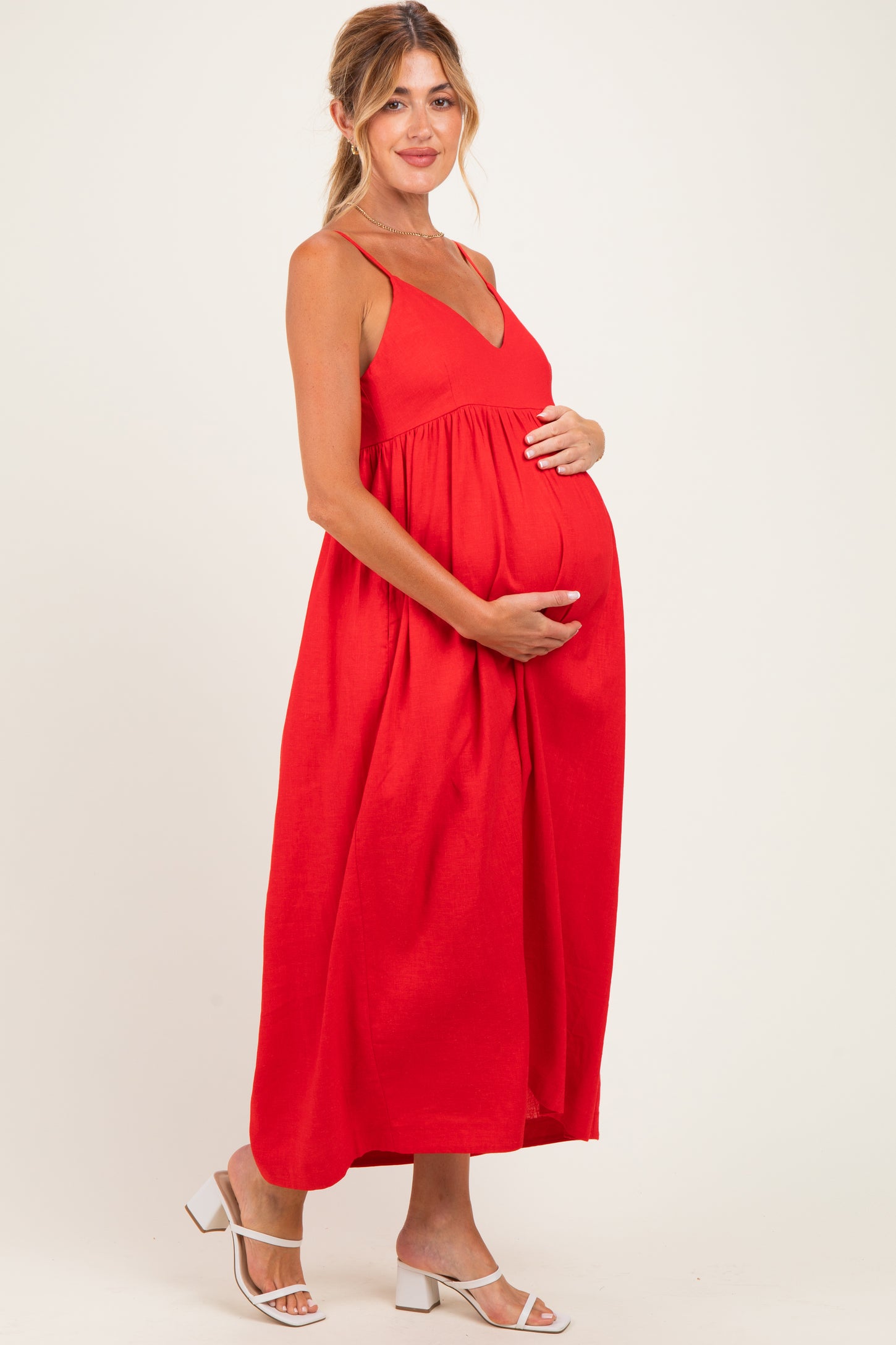 Red Linen Blend Sleeveless Maternity Maxi Dress