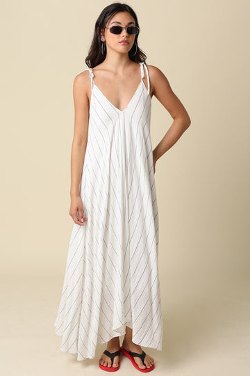 White Blue Striped Shoulder Tie Maxi Dress