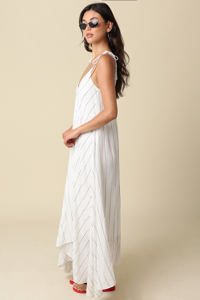 White Blue Striped Shoulder Tie Maxi Dress