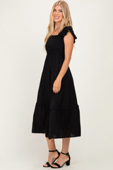 Black Button Accent Smocked Ruffle Midi Dress