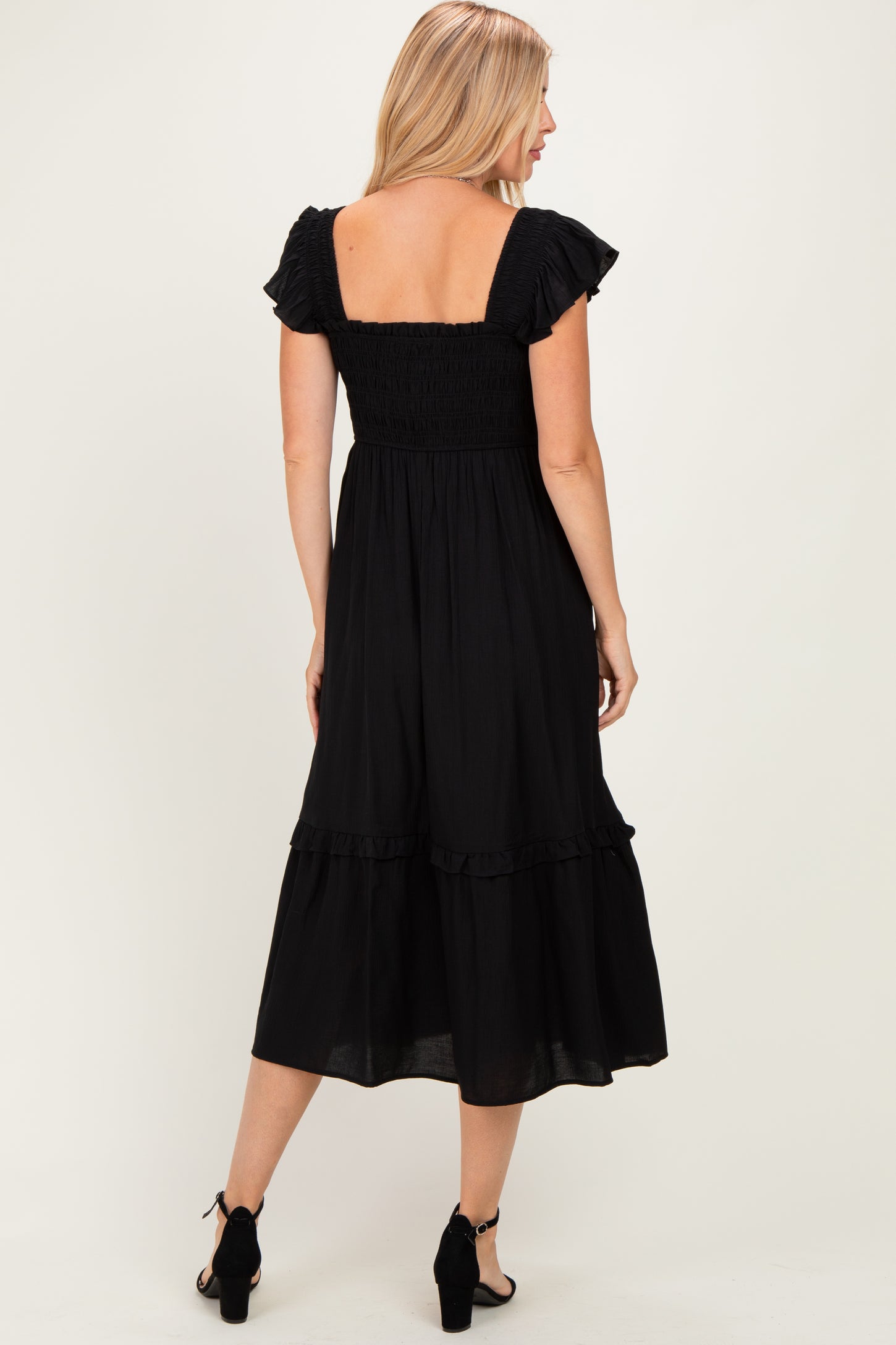Black Button Accent Smocked Ruffle Midi Dress