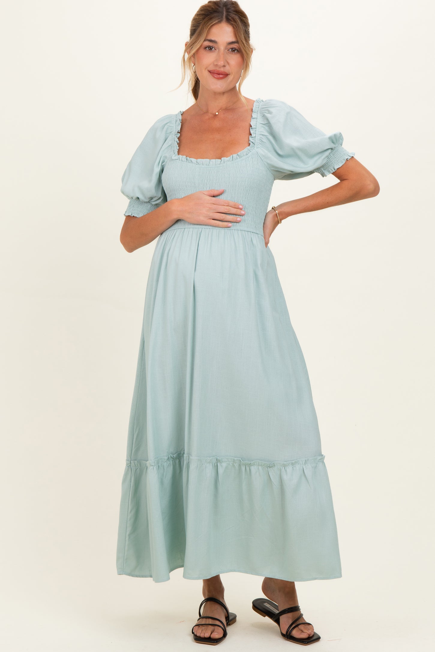 Sage Smocked Puff Sleeve Ruffle Trim Maternity Midi Dress