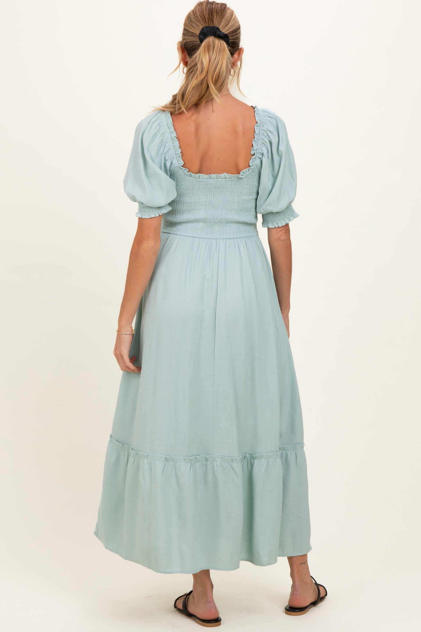 Sage Smocked Puff Sleeve Ruffle Trim Maternity Midi Dress