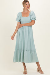 Sage Smocked Puff Sleeve Ruffle Trim Midi Dress