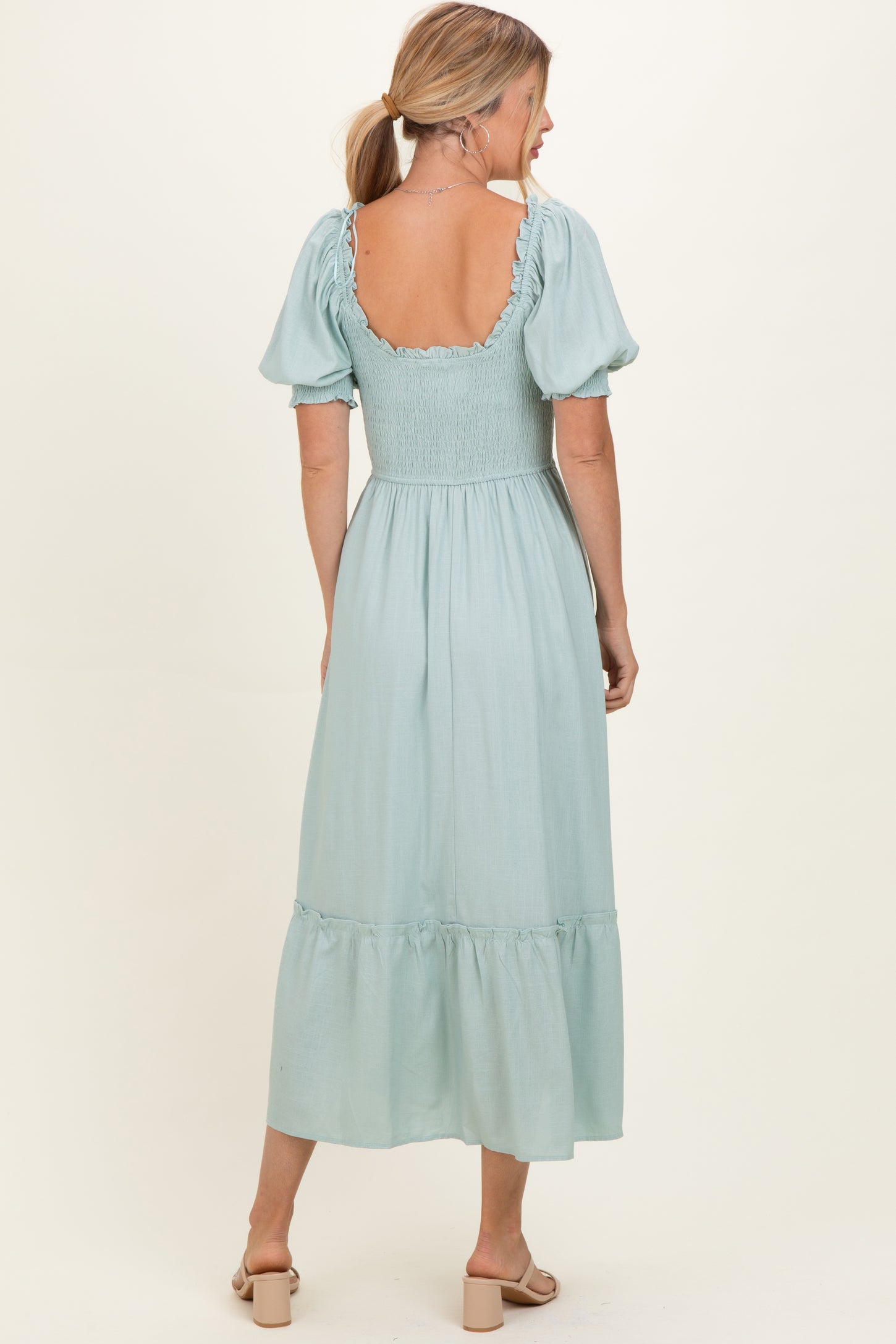 Sage Smocked Puff Sleeve Ruffle Trim Midi Dress