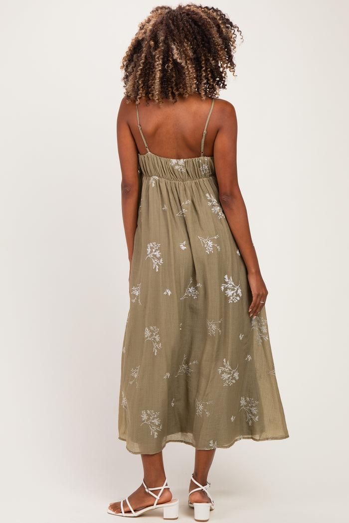 Olive Floral Sweetheart Pleated Maternity Midi Dress