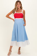 Red Blue Colorblock Sleeveless Maternity Midi Dress