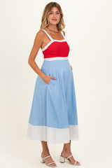 Red Blue Colorblock Sleeveless Maternity Midi Dress