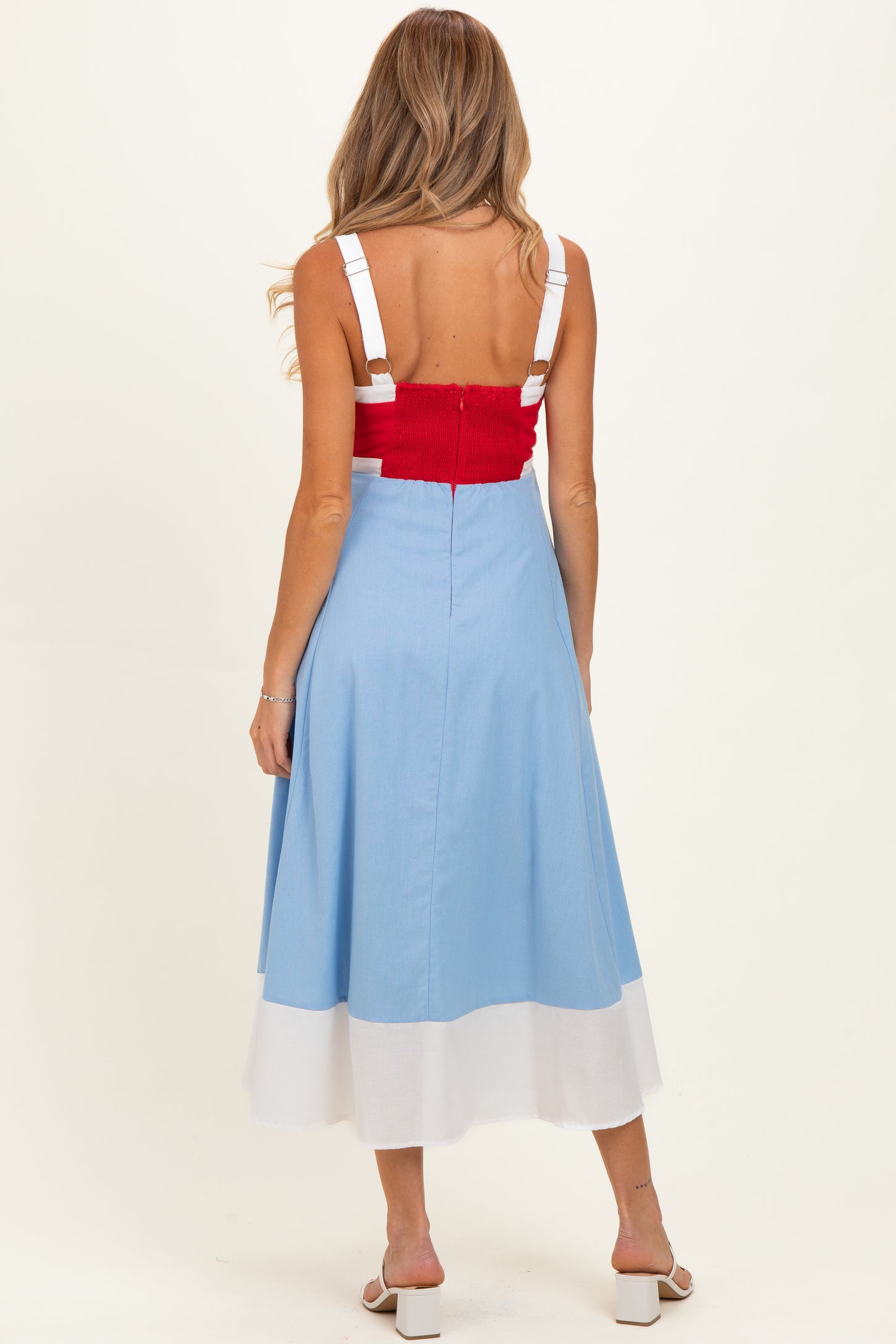 Red Blue Colorblock Sleeveless Maternity Midi Dress