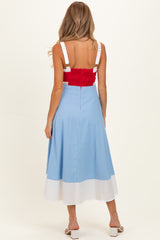 Red Blue Colorblock Sleeveless Maternity Midi Dress