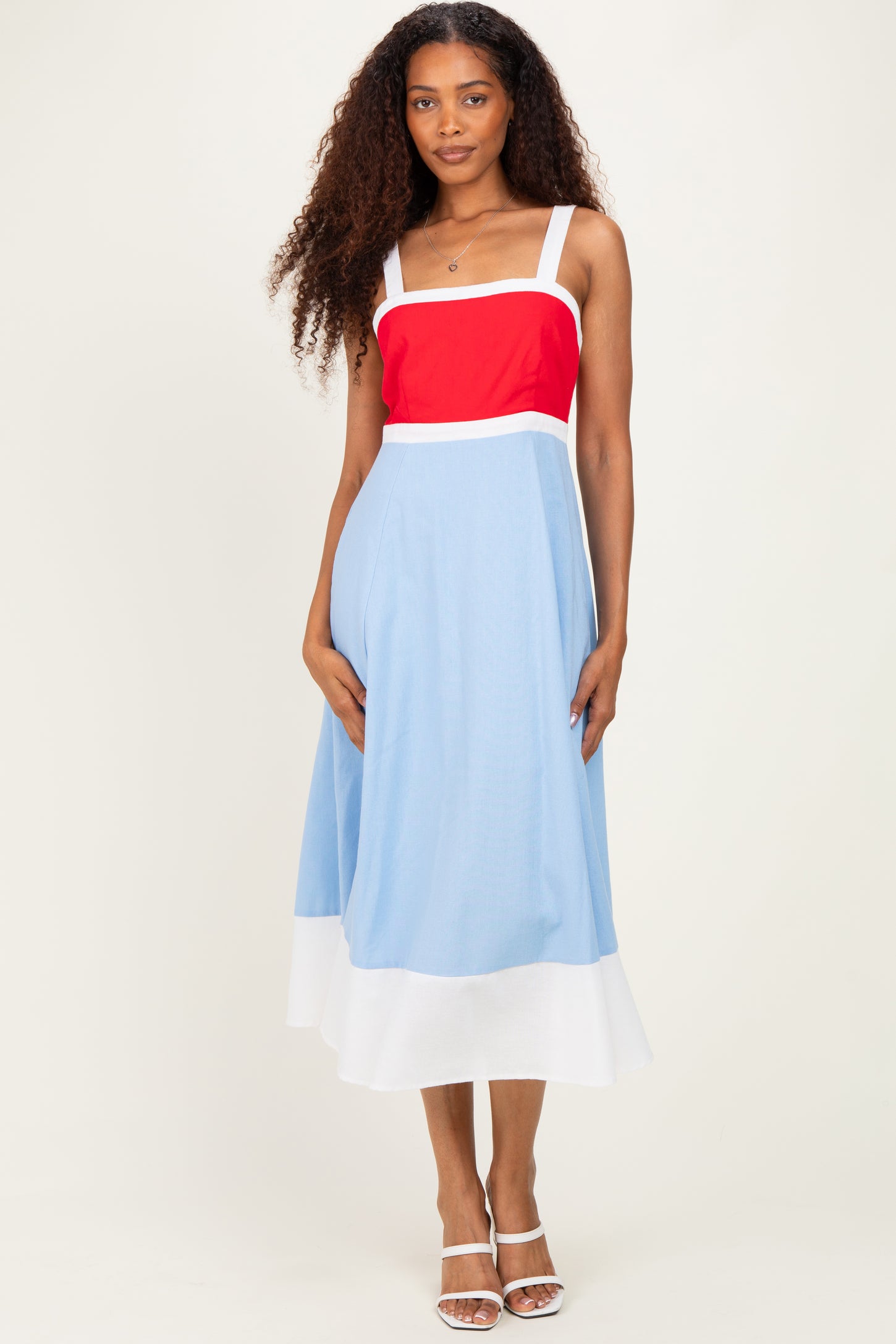 Red Blue Colorblock Sleeveless Maternity Midi Dress