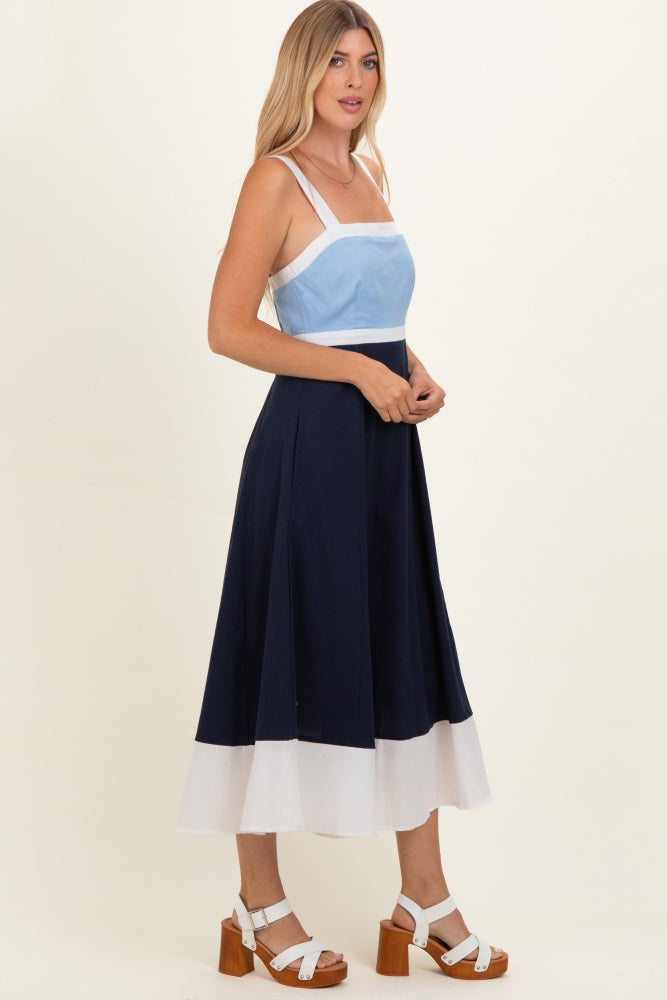Light Blue Navy Colorblock Sleeveless Midi Dress
