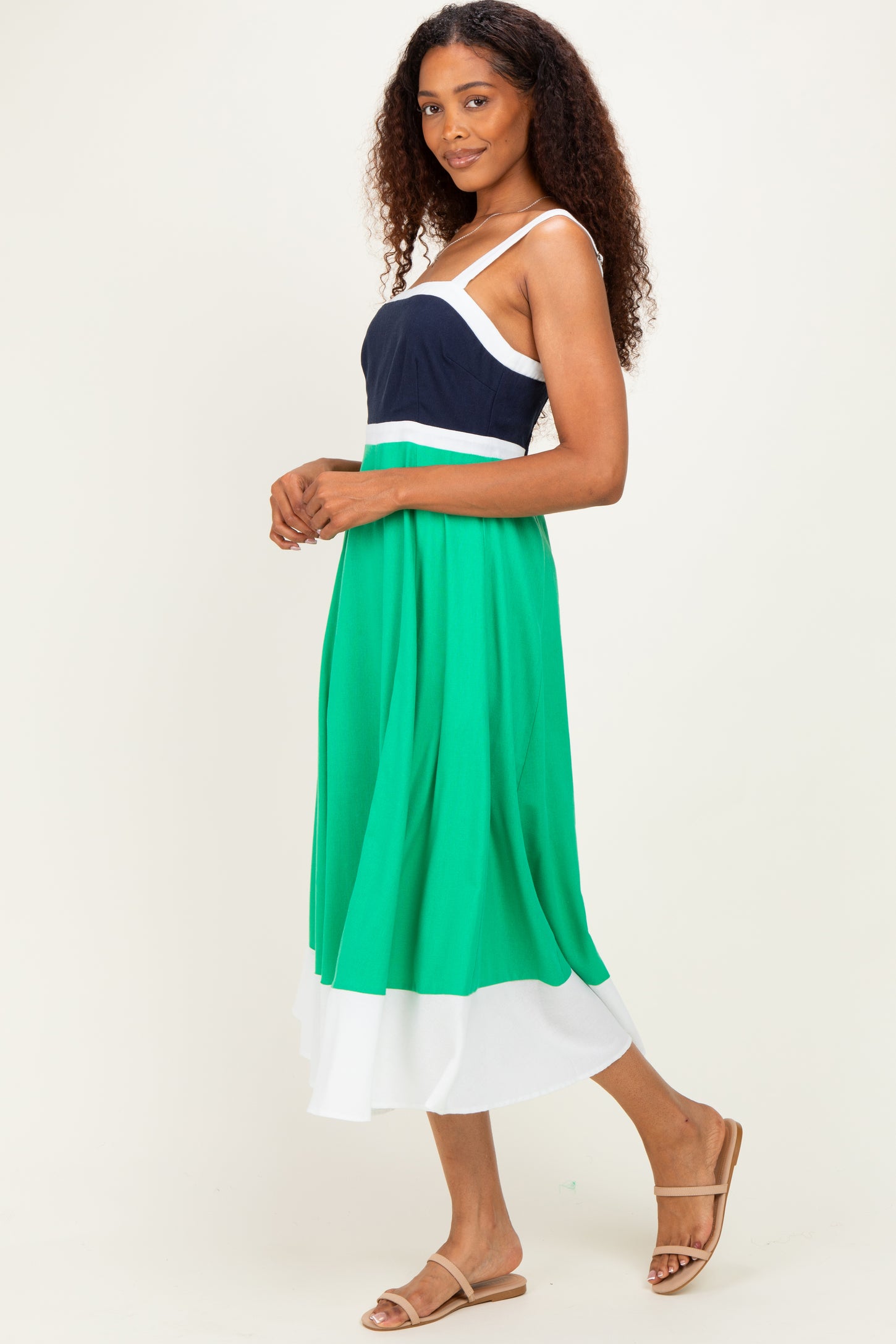 Navy Green Colorblock Sleeveless Midi Dress