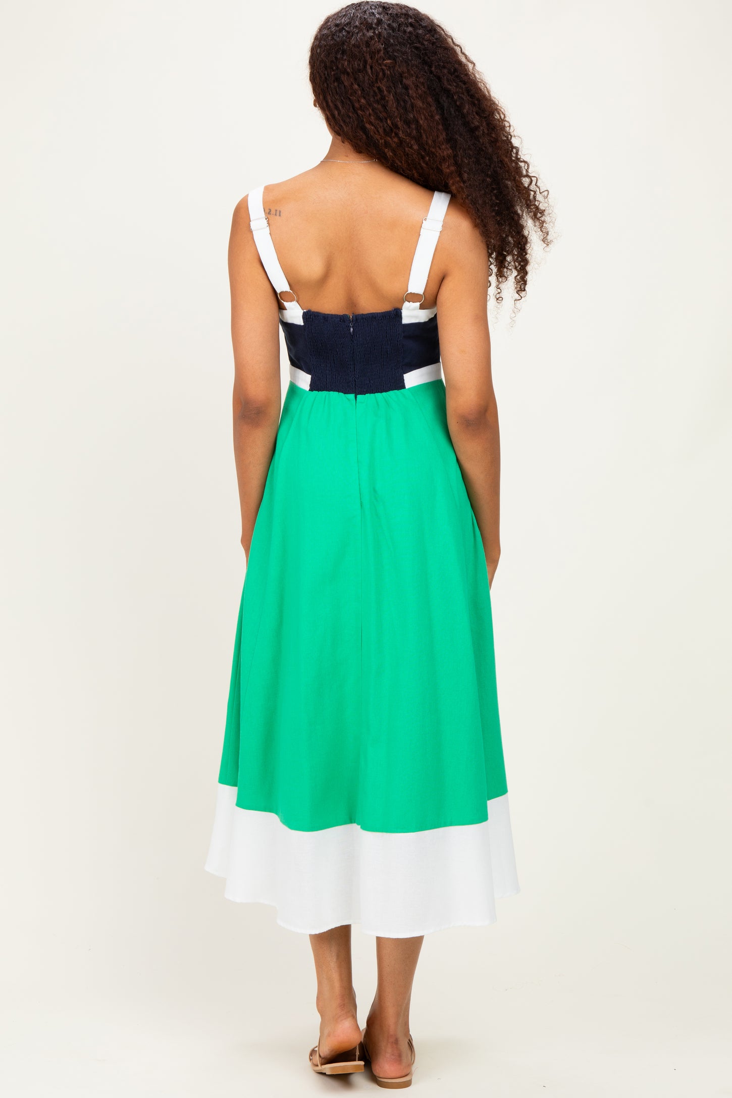 Navy Green Colorblock Sleeveless Midi Dress