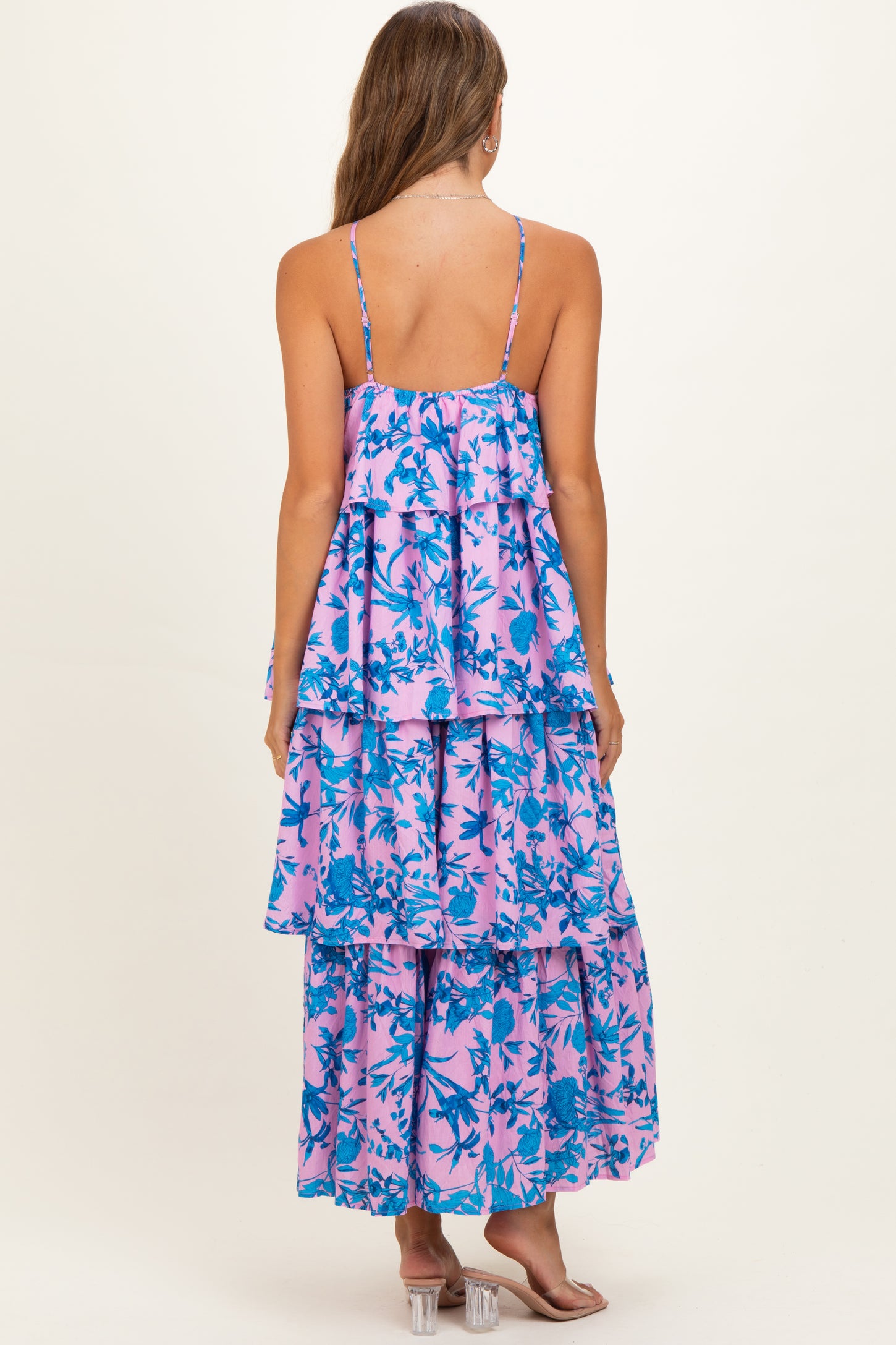 Pink Floral Flowy Tiered Maternity Maxi Dress