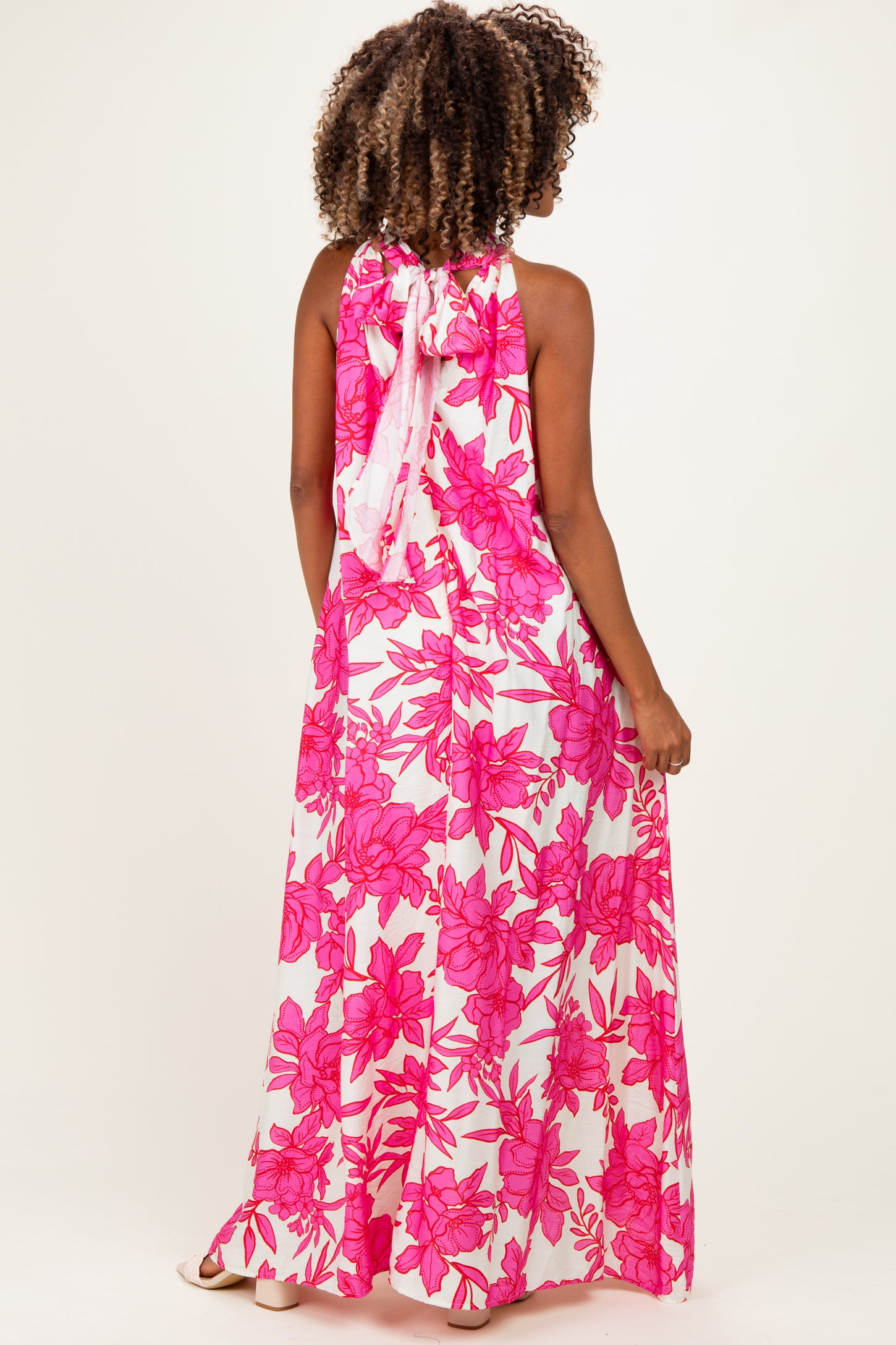 Pink Floral Halter Maternity Maxi Dress
