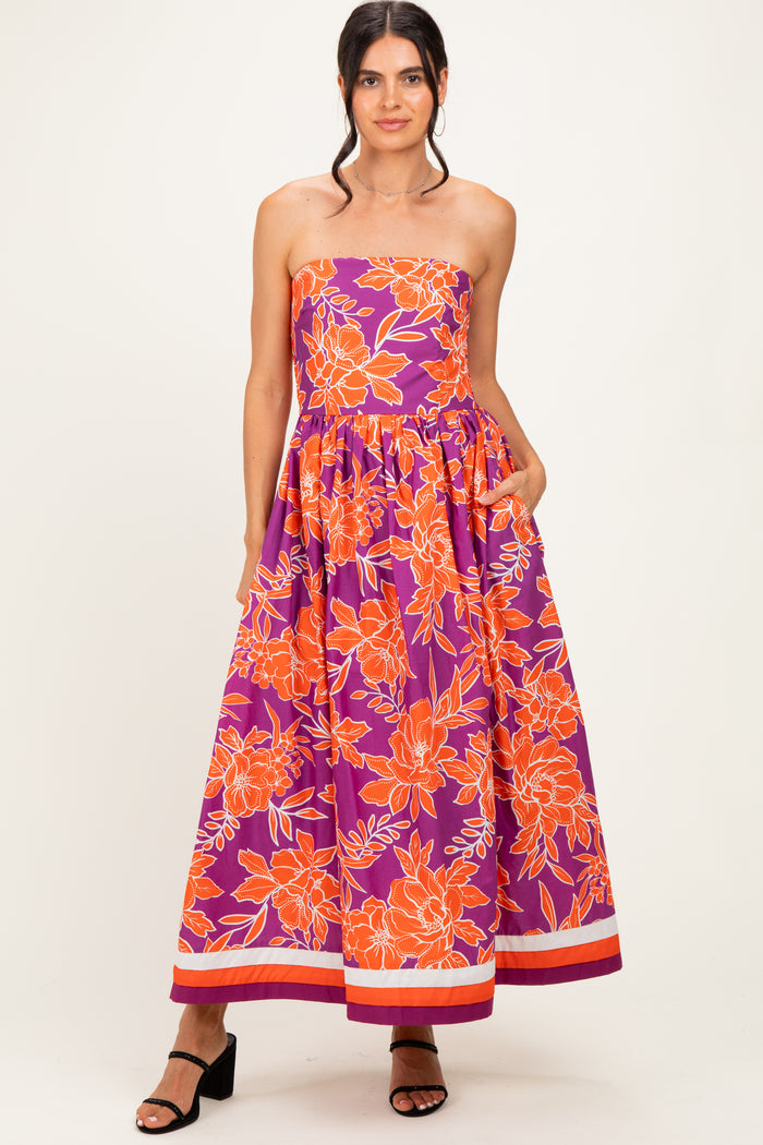 Plum Floral Strapless Maternity Midi Dress
