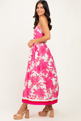Pink Floral Strapless Midi Dress