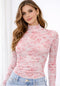 Pink Floral Sheer Mesh High Neckline Top