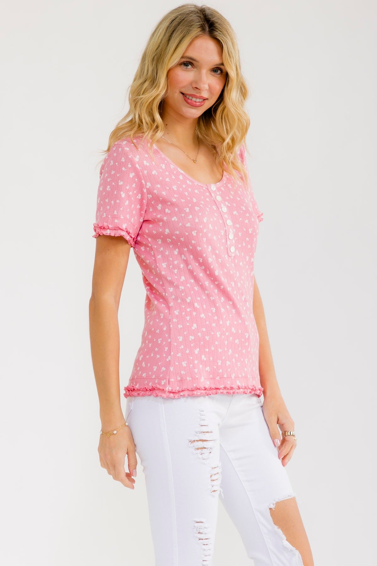 Pink Floral Ruffle Trim Henley Top