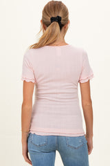 Light Pink Ruffle Trim Pointelle Knit Maternity Henley Top