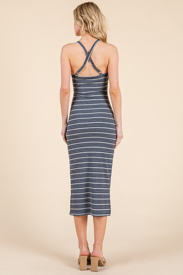Heather Grey Navy Striped Crisscross Back Dress
