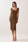 woman wearing a brown fitted midi dress with a square neckline and short sleeves