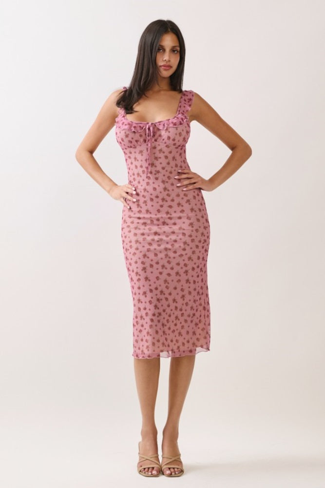 Smoke Rose Mesh Front Tie Maternity Midi Dress