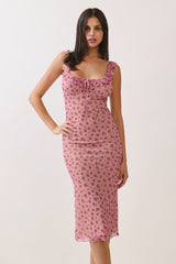Smoke Rose Mesh Front Tie Midi Dress
