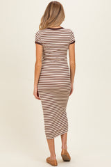 Ecru Striped Solid Trim Maternity Midi Dress