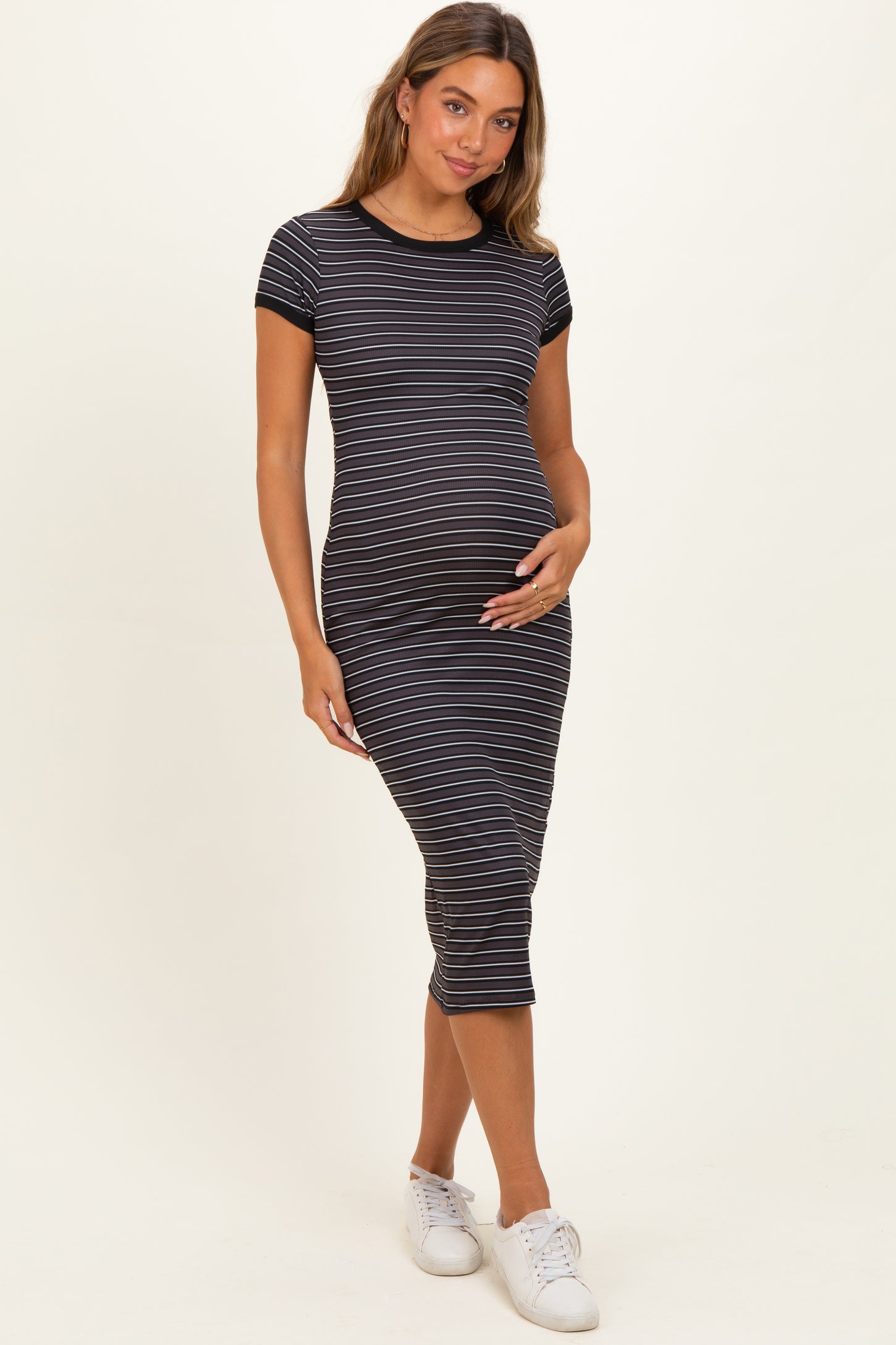 Nightshade Striped Solid Trim Maternity Midi Dress