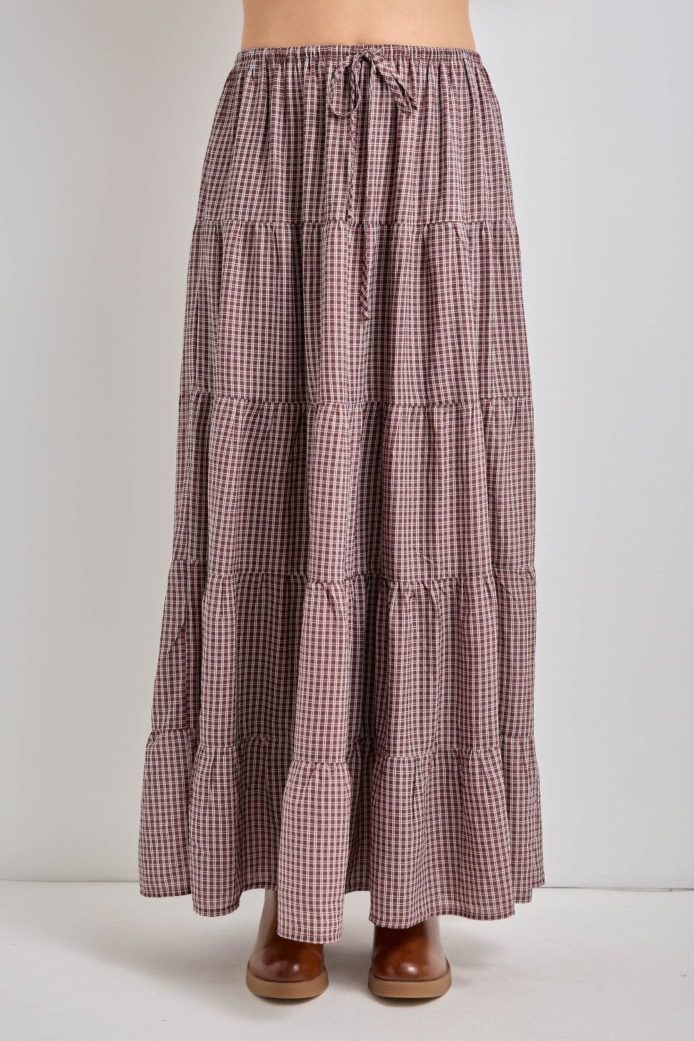 Brown Plaid Drawstring Tiered Midi Skirt