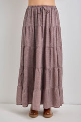 Brown Plaid Drawstring Tiered Midi Skirt