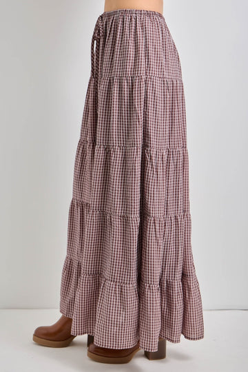 Brown Plaid Drawstring Tiered Midi Skirt