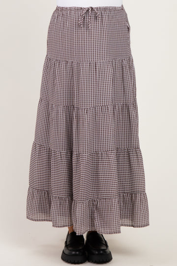 Brown Plaid Drawstring Tiered Maternity Midi Skirt