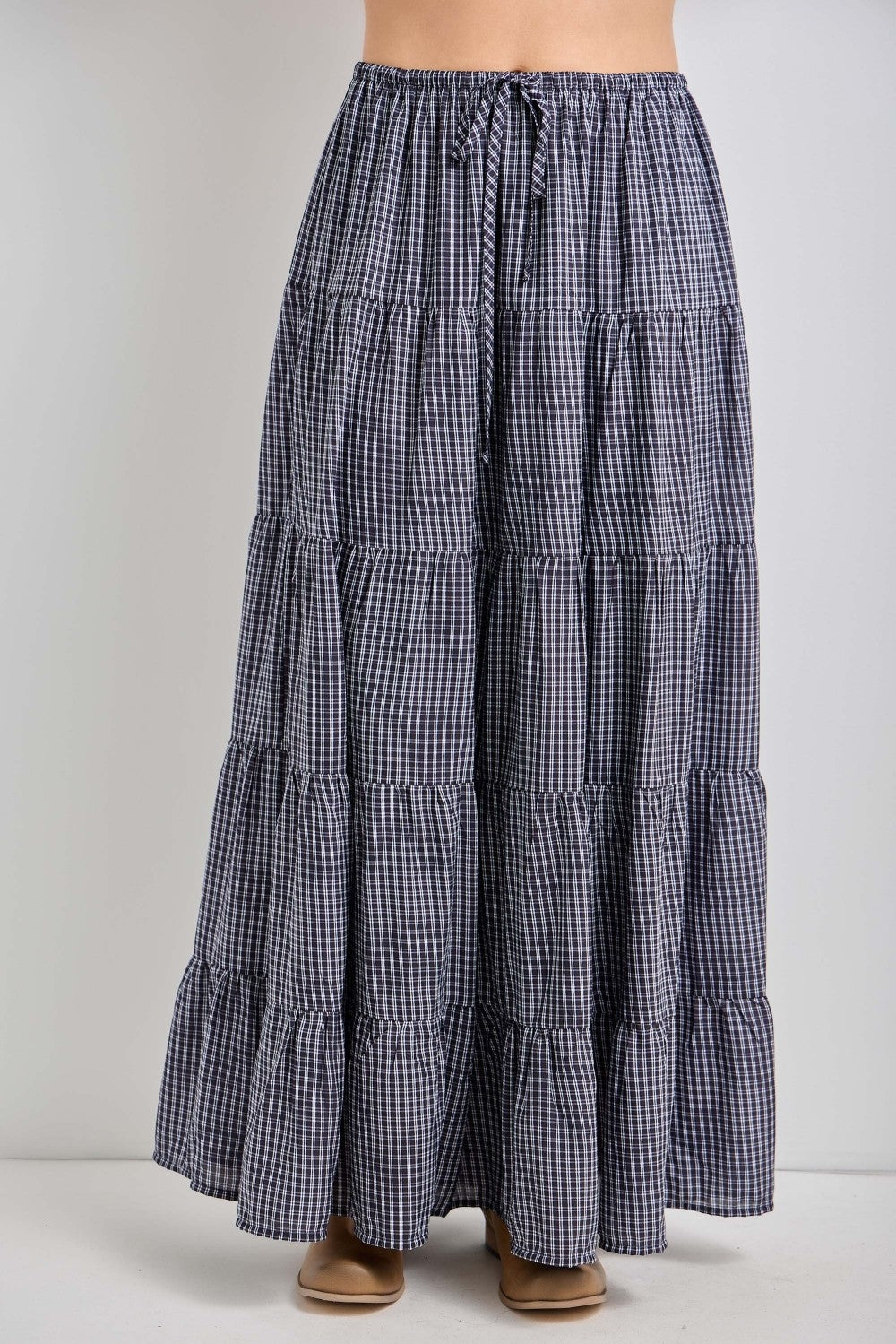 Navy Plaid Drawstring Tiered Midi Skirt