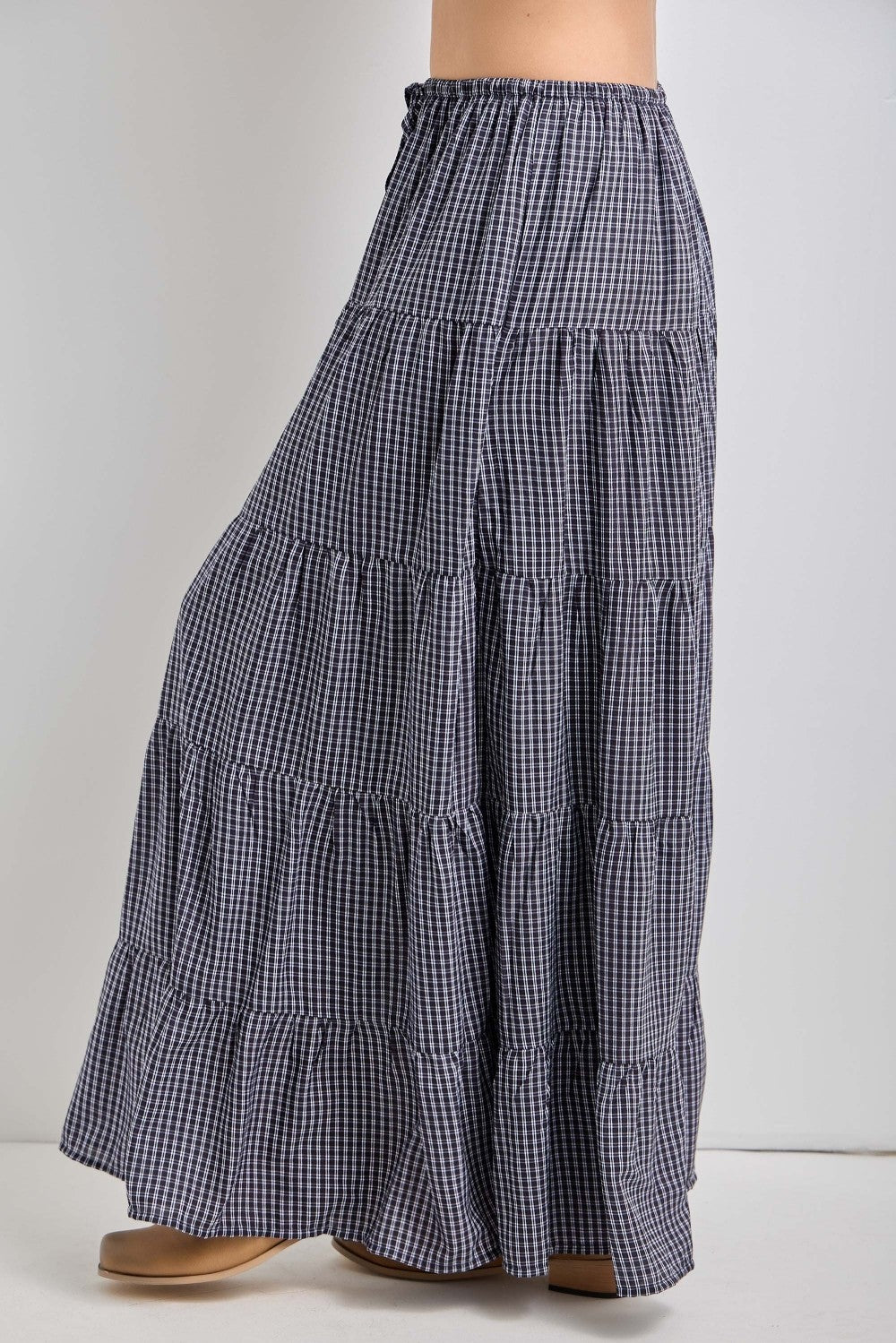 Navy Plaid Drawstring Tiered Midi Skirt