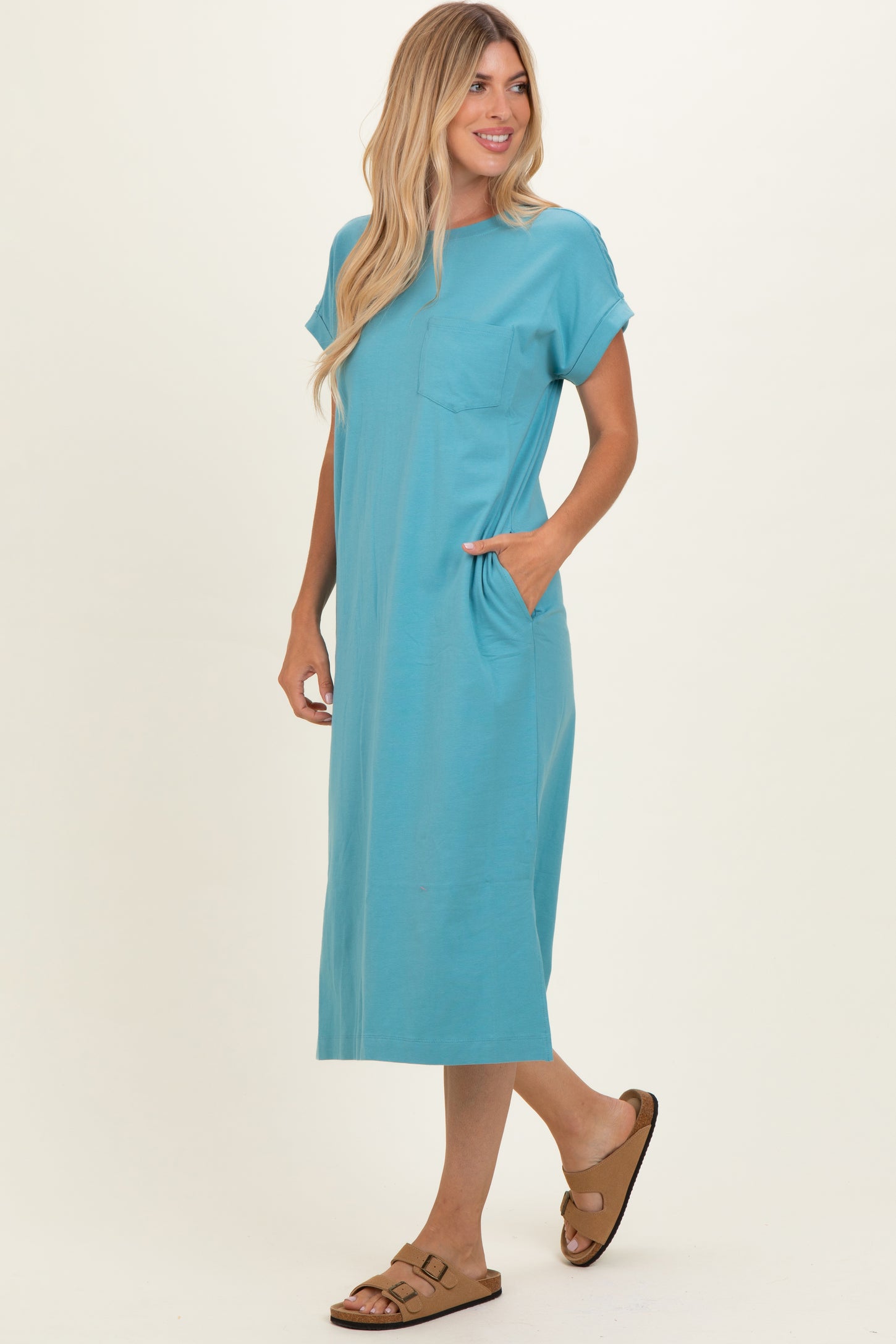 Dusty Teal Pocket Front Midi T-Shirt Dress