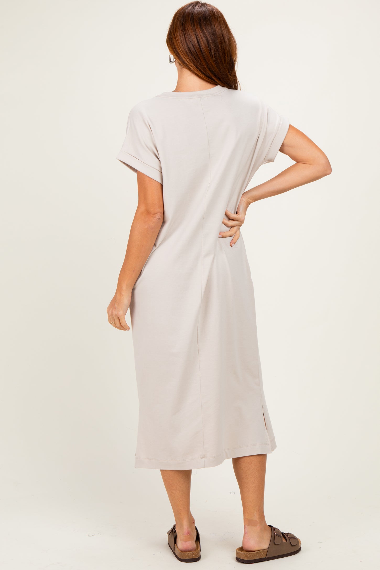 Sand Beige Pocket Front Midi T-Shirt Dress