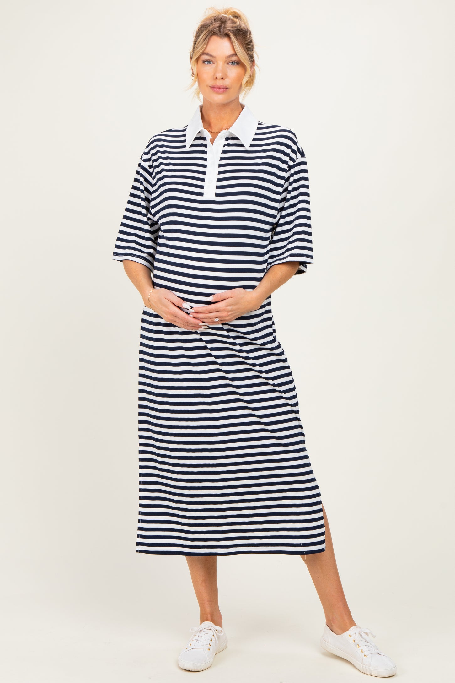 Navy Striped Oversized Maternity Polo Dress