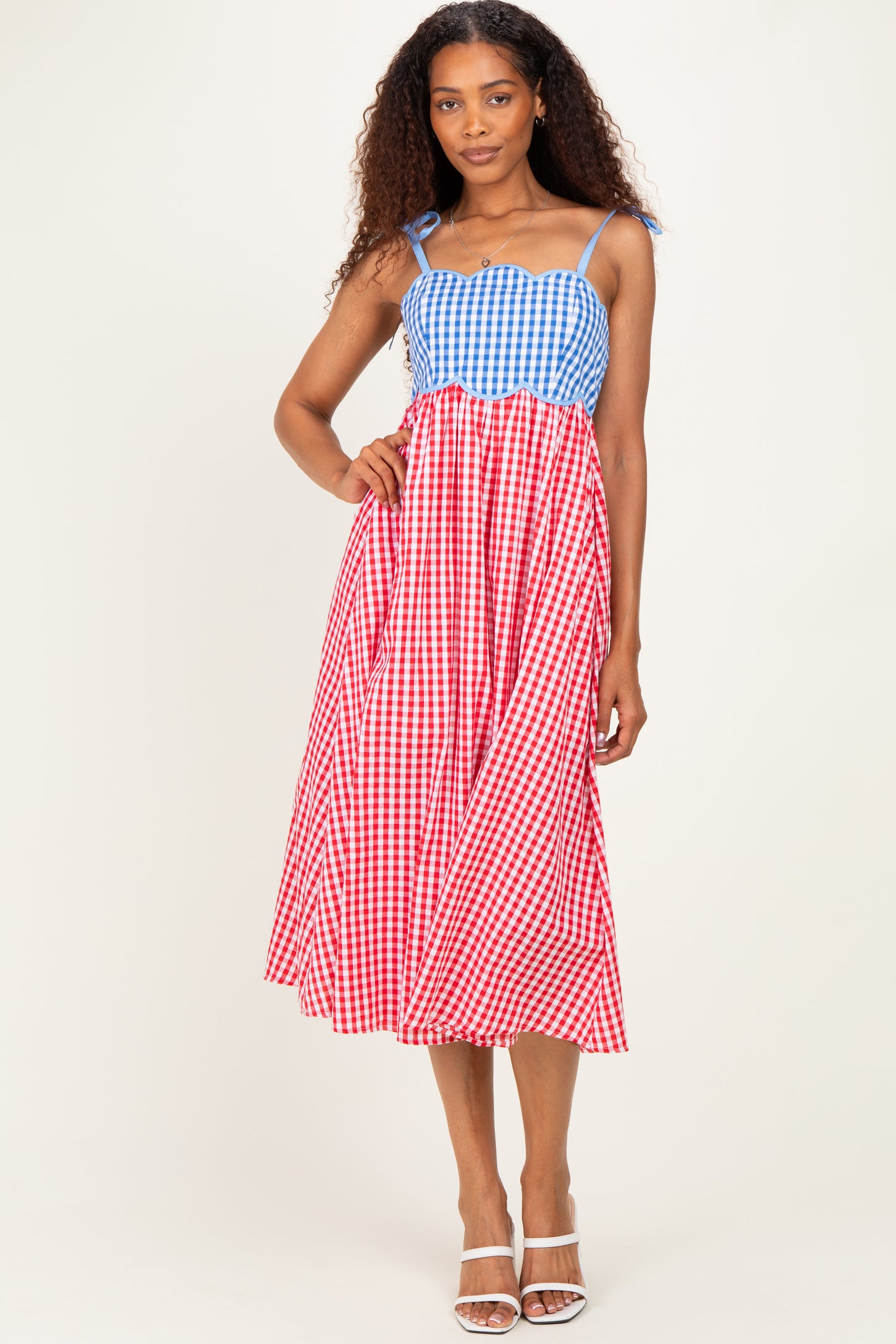 Red Gingham Colorblock Scallop Trim Midi Dress