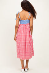 Red Gingham Colorblock Scallop Trim Midi Dress