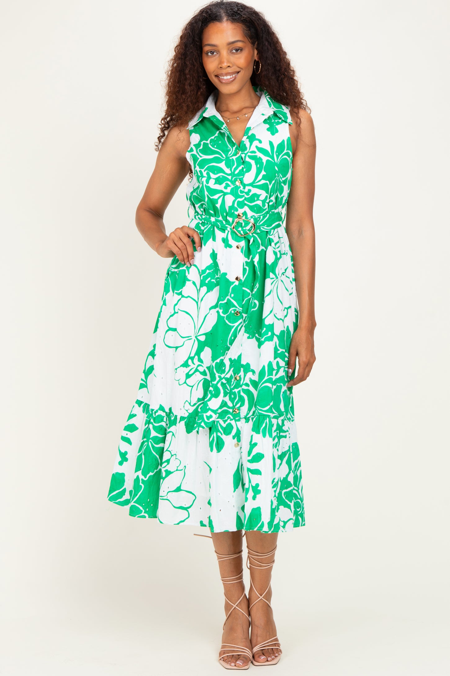 Green Floral Belted Sleeveless Shirt Dress